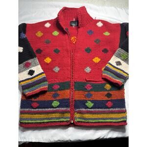 Otavalo VTG Sweater Womens Lg. Red Wool Hand Knit Fair Isle Sustain Zip Cardigan